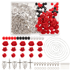Religion and Rose Beads Necklace DIY Making Kit, Including Cinnabar Rose & Acrylic Round Beads, Religion Alloy Pendants & Links, 304 Stainless Steel Pin & Clasp, Iron Jump Rings & Cable Chains, Stainless Steel Color, Red, Rose Beads: 30pcs/box(DIY-FH0004-05)