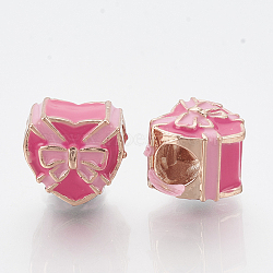 Alloy European Beads, with Enamel, Large Hole Beads, Heart with Bowknot, Deep Pink, Rose Gold, 10.5x12x11mm, Hole: 5mm(MPDL-Q209-024RG)