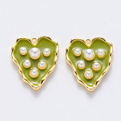 Brass Enamel Pendants, with ABS Plastic Imitation Pearl, Nickel Free, Heart, Real 18K Gold Plated, Yellow Green, 17x13.5x4mm, Hole: 1mm(KK-T049-054G-03-NF)