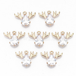 Brass Glass Rhinestone Pendants, Long-Lasting Plated, Cadmium Free & Lead Free, Christmas Reindeer/Stag, for Christmas, Light Gold, Crystal, 15x20x5mm, Hole: 1.5mm(X-GLAA-S179-24A-RS)