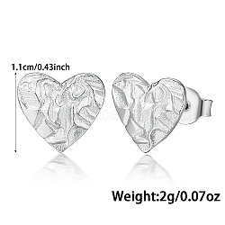 Anti-Tarnish Rhodium Plated Sterling Silver Stud Earrings, Heart, Platinum, 11mm(UH9338-1)