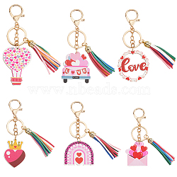 6Pcs 6 Styles Valentine's Day Wooden Keychain, with Alloy Split Rings and EVA Tassel Pendants, Mixed Shapes, 9.6~11.7cm, 1pc/style(KEYC-SP0001-07)
