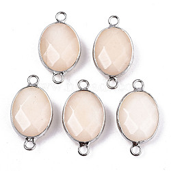 Natural White Jade Links/Connectors, Platinum Tone Brass Edge, Faceted Oval, Light Goldenrod Yellow, 27.5x14~15x6mm, Hole: 2mm(G-T131-102-28)