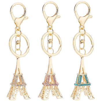 Nbeads 3Pcs 3 Colors Zinc Alloy Rhinestone Keychain, with Light Gold Plated Split Key Rings, Lobster Claw Clasps, Eiffel Tower, Mixed Color, 12.7cm, 1pc/color