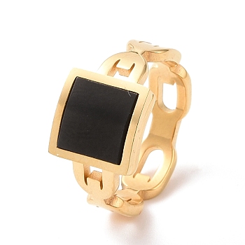 Black Acrylic Square Finger Ring, Ion Plating(IP) 304 Stainless Steel Jewelry for Women, Golden, US Size 7(17.3mm)