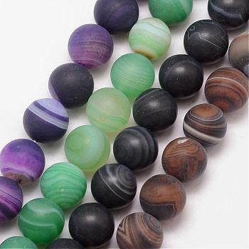 Natural Striped Agate/Banded Agate Bead Strands, Round, Grade A, Frosted, Dyed & Heated, Mixed Color, 6mm, Hole: 1mm, about 61pcs/strand, 15 inch
