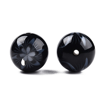 Flower Opaque Resin Beads, Round, Black, 20x19mm, Hole: 2mm