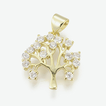 Brass Micro Pave Cubic Zirconia Pendants, Long-Lasting Plated, Lead Free & Cadmium Free & Nickel Free, Tree of Life, Clear, Real 18K Gold Plated, 16.5x15.5x3mm, Hole: 4x3.5mm