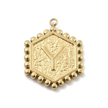 201 Stainless Steel Pendants, Golden, Hexagon with Letter Charm, Letter Y, 21x16.5x2mm, Hole: 1.5mm