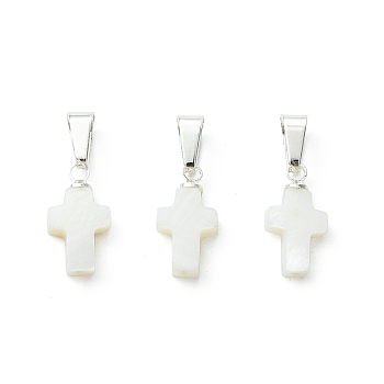 Natural Freshwater Shell Pendants, Religion Cross Charms with Brass Snap on Bails, Silver Color Plated, Seashell Color, 13.5x7x2.5mm, Hole: 6.5x3.5mm
