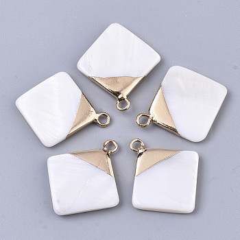 Natural Freshwater Shell Pendants, with Top Golden Plated Brass Loops, Rhombus, Seashell Color, 23x20x3mm, Hole: 1.8mm, Diagonal Length: 23mm, Side Length: 15mm