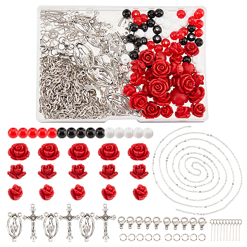 Religion and Rose Beads Necklace DIY Making Kit, Including Cinnabar Rose & Acrylic Round Beads, Religion Alloy Pendants & Links, 304 Stainless Steel Pin & Clasp, Iron Jump Rings & Cable Chains, Stainless Steel Color, Red, Rose Beads: 30pcs/box