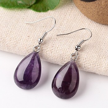Natural Amethyst Teardrop Dangle Earrings, with Platinum Plated Brass Findings, 41mm, Pin: 0.7mm