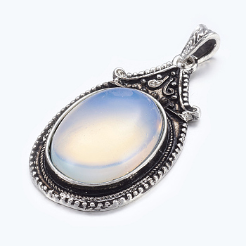 Opalite Big Pendants, with Alloy Findings, Antique Silver Color, Oval, White, Size: about 29mm wide, 56mm long, 11mm thick, hole: 4mm wide, 6mm long