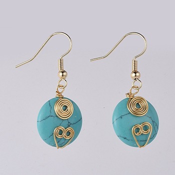 Flat Round Synthetic Turquoise Beads Dangle Earrings, with Copper Wire, Brass Earring Hooks and Cardboard Box, Golden, 38mm, pin: 0.7mm