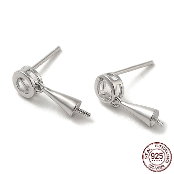 Rhodium Plated Donut 925 Sterling Silver Stud Earring Findings, for Half Drilled Beads, with S925 Stamp, Real Platinum Plated, 15x5mm, Pin: 0.9mm and 11x0.9mm