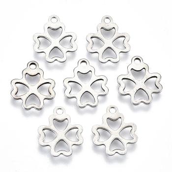 201 Stainless Steel Pendants, Clover, Stainless Steel Color, 13x10.5x1mm, Hole: 2mm
