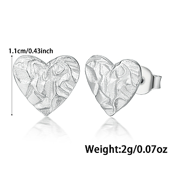 Rhodium Plated Sterling Silver Stud Earrings, Heart, Platinum, 11mm