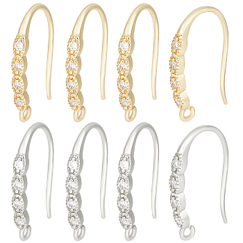16Pcs 2 Colors Brass Micro Pave Clear Cubic Zirconia Earring Hooks, with Horizontal Loops, Mixed Color, 16.5x2.2mm, Hole: 1mm, Pin: 0.8mm, 8Pcs/color