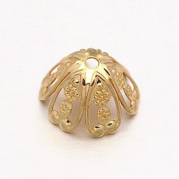 6-Petal Brass Bead Caps, Long-Lasting Plated, Flower, Light Gold, 13x7mm, Hole: 1mm
