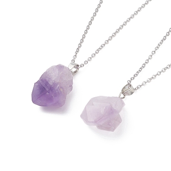 Natural Amethyst Nugget Pendant Necklaces, 304 Stainless Steel Jewelry for Women, 17.32 inch(44cm)