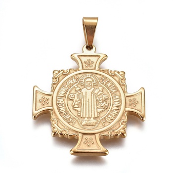 304 Stainless Steel Pendants, Cross with Saint Benedict Medal, Golden, 39x35x2.5mm, Hole: 5.5x8.5mm