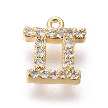 Golden Plated Brass Micro Pave Cubic Zirconia Charms, Twelve Constellations, Gemini, 8x7x1.7mm, Hole: 0.8mm