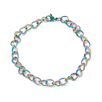 Vacuum Plating Fashionable 304 Stainless Steel Side Twisted Chain Bracelets, with Lobster Claw Clasps, Rainbow Color, 7/8 inch(22cm)