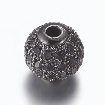 Brass Micro Pave Cubic Zirconia Beads, Round, Gunmetal, Black, 8mm, Hole: 1.5mm