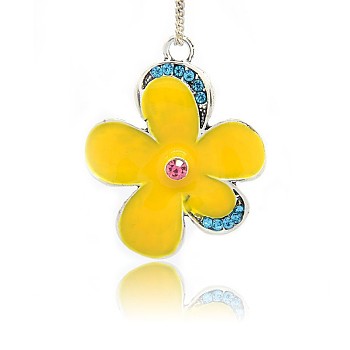 Antique Silver Plated Enamel Flower Pendants, with Rhinestones, Gold, 50x39x7mm, Hole: 4mm
