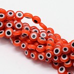 Handmade Evil Eye Lampwork Flat Round Bead Strands, Orange Red, 6x3mm, Hole: 1mm, about 65pcs/strand, 14 inch(LAMP-L058-6mm-08)