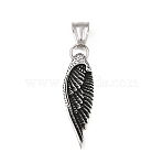 304 Stainless Steel Pendants, Hand Polished Feather Charm, Antique Silver, 39x11x3mm, Hole: 8.5x5mm(STAS-Z171-16AS)