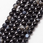 Natural Striped Agate/Banded Agate Bead Strands, Round, Grade A, Dyed & Heated, Black, 6mm, Hole: 1mm, about 61pcs/strand, 15 inch(X-G-K166-13-6mm-05)