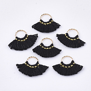 Polycotton(Polyester Cotton) Tassel Pendants Decorations, with Brass Findings, Fan Shape, Golden, Black, 14~15x20~22x1.5mm, Hole: 7mm(FIND-S302-11Y)
