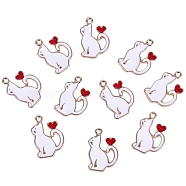 Valentine's Day Alloy Enamel Pendants, Light Gold, Cat with Heart Charm, White, 21x15mm(PW-WG63244-02)