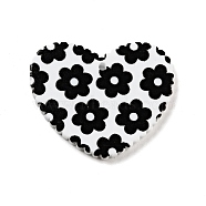 Printed Acrylic Pendants, Heart with Flower Pattern, Black, 26x31.5x2mm, Hole: 1.5mm(SACR-G018-04E)