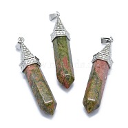 Natural Unakite Pointed Pendants, with Alloy Findings, Bullet, Platinum, 61x14.5x12.5mm, Hole: 3.5x
7.5mm(G-G795-01P-16)