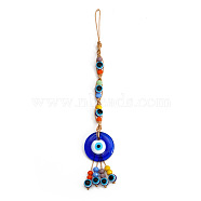 Flat Round with Evil Eye Glass Pendant Decorations, Polyester Braided Hanging Ornament, Royal Blue, 190mm(EVIL-PW0002-04C)