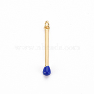 Brass Enamel Pendants, with Jump Ring, Cadmium Free & Nickel Free & Lead Free, Match, Real 16K Gold Plated, Blue, 30x4.5mm, Jump Ring: 5x1mm, 3mm inner diameter(KK-S362-032A-NR)