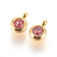 304 Stainless Steel Rhinestone Charms, July Birthstone Charms, Flat Round, Rose, 9.3x6.5x4mm, Hole: 2mm(STAS-P237-10G-16)
