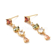 Colorful Cubic Zirconia Chain Dangle Stud Earrings, Brass Jewelry for Women, Cadmium Free & Nickel Free & Lead Free, Real 18K Gold Plated, 35mm, Pin: 0.7mm(EJEW-G297-10G)