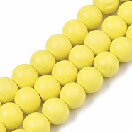 Painted Natural Wood Beads Strands, Round, Yellow, 10x8~9mm, Hole: 2~3mm, about 41~42pcs/strand, 13.98 inch~14.61 inch(35.5~37.1cm)(WOOD-S053-54K)
