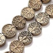 Synthetic Non-magnetic Hematite Beads Strands, Long-Lasting Plated, Flat Round with Tree of Life, Light Gold Plated, 10x3mm, Hole: 1mm, about 40pcs/strand, 15.94''(40.5cm)(G-P545-P01-01F)