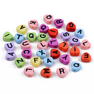 Opaque Acrylic Enamel Beads, Horizontal Hole, Heart with Mixed Black Letters, Mixed Color, 7x7x4mm, Hole: 1.5mm(X-MACR-S273-37)
