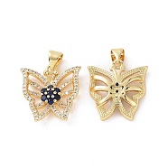 Brass Micro Pave Cubic Zirconia Pendants, Real 18K Gold Plated, Hollow Butterfly with Flower Charm, Blue, 18.5x18x4mm, Hole: 3.5x4.5mm(ZIRC-I063-44G-02)
