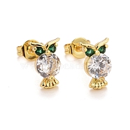 Rack Plating Brass Micro Pave Cubic Zirconia Stud Earrings, Long-Lasting Real 18K Gold Plated, Lead Free & Cadmium Free, Owl, Green, 9.5x6mm, Pin: 0.7mm(EJEW-F278-01A-G)
