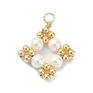 Shell Pearl Pendants with Brass Round Beads, Rhombus Charms, Golden, 22x17x4mm, Hole: 3mm(PALLOY-JF02084)