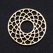 201 Stainless Steel Filigree Joiners Links, Laser Cut, Flat Round with Flower, Golden, 17.5x1mm(STAS-S105-JN918-2)