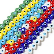 Evil Eye Handmade Lampwork Beads Strands, Triangle, Mixed Color, 10~12x13~13.5x3.5~4mm, Hole: 1.2mm, about 36pcs/strand, 16.42 inch(41.7cm)(LAMP-G154-05)
