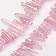 Electroplated Natural Quartz Bead Strands, Dyed, Irregular Strip, Pink, 11.5~32x2~6mm, Hole: 1mm, about 38~40pcs/strand, 7.8 inch(200mm)(G-G950-06A)